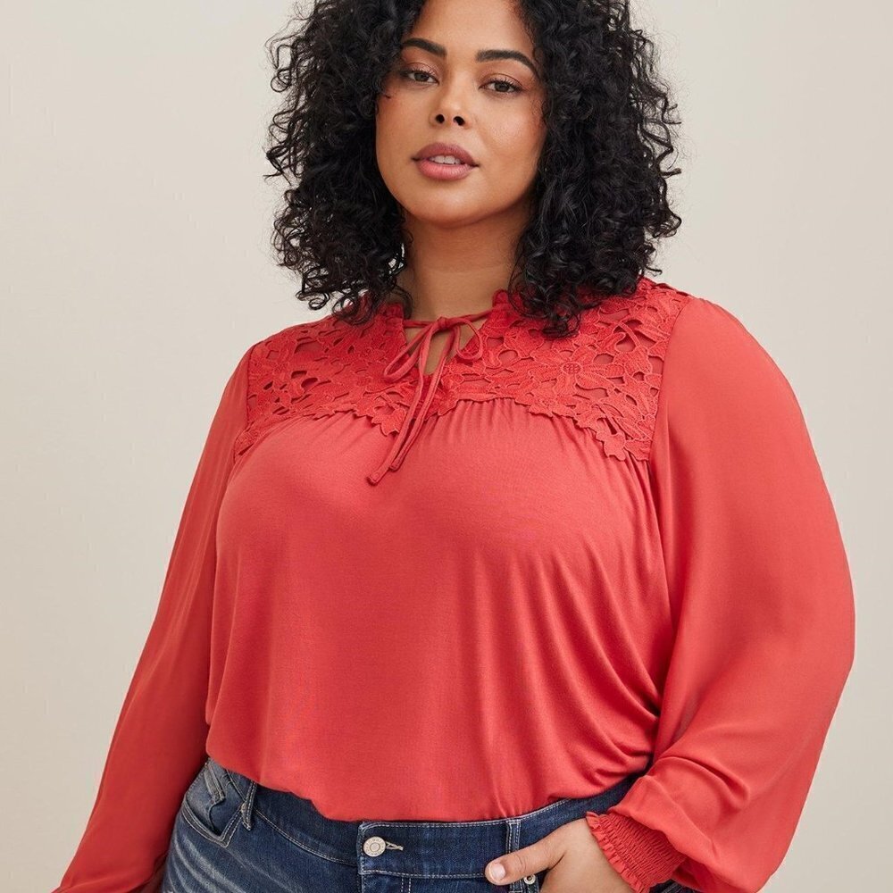 Torrid - Super Soft Chiffon Sleeve Lace Inset Tie Detail Top in Baked Apple‌‌‌‌‍
